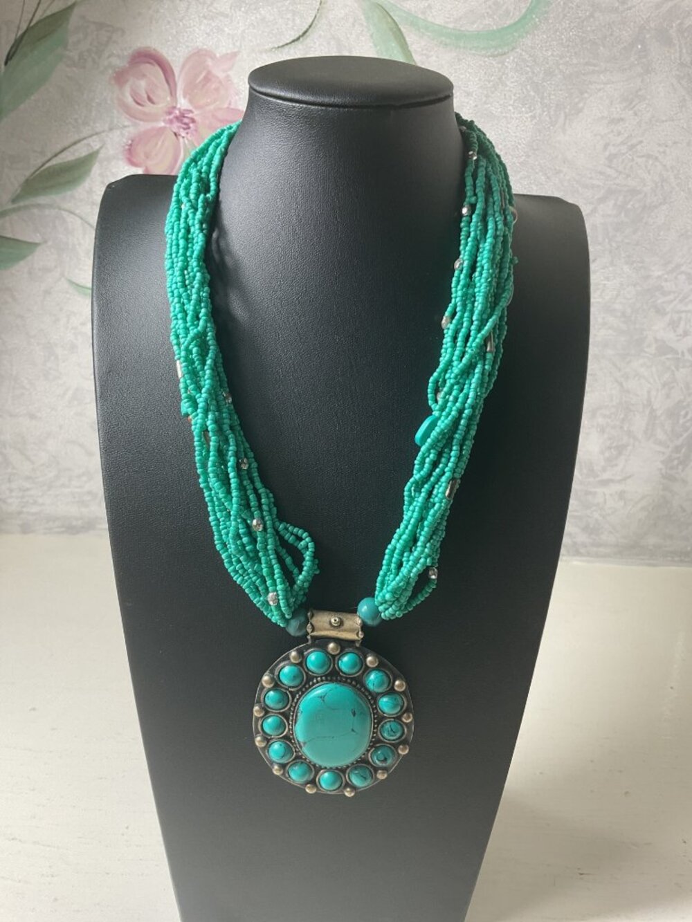 Boho Southwestern Turquoise Beaded Statement Necklace Antique Silver Tone
